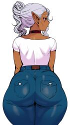 1girls ass ass_focus big_ass big_butt big_thighs breasts butt curvy dark-skinned_female dark_elf dark_skin dat_ass elf elf-san_wa_yaserarenai fat_ass female fully_clothed humanoid jeans kuroeda long_hair pointy_ears solo solo_focus synecdoche thick_thighs thighs tight_clothing white_background white_hair wide_hips