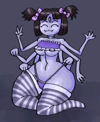 1girls 5_eyes 6_arms :3 bare_belly big_ass black_hair cute female minigonchar muffet nipples panties purple_skin short_hair slim_waist smile solo spider spider_girl stockings thick_ass thong undertale undertale_(series) wide_hips