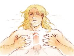 2boys arm_hair beard blonde_hair blue_eyes blush facial_hair gay human human_only light-skinned_male light_skin long_hair long_hair_male male male_only male_paizuri marvel moobs pecs pubic_hair soltian straight_hair thor_(marvel) thor_(series) yaoi