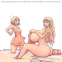 2girls big_ass big_breasts boruto:_naruto_next_generations breast_envy crossover curvy english_text envy female female_only hourglass_figure huge_breasts large_ass long_hair multiple_girls n647 nami naruto naruto_(series) ninja nude one_piece pirate post-timeskip sakura_haruno smile straight_hair suprised tattoo text thick_thighs towel