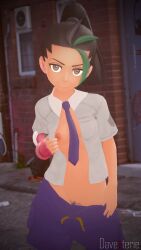 1girls 3d alley black_hair breasts breasts_out brown_eyes davesterie female female_only looking_at_viewer necktie nemona_(pokemon) nipples open_clothes open_shirt pants_down pokemon pokemon_sv pov pussy small_breasts solo standing tie uncensored