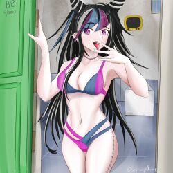 1girls 2022 artist_name artist_signature bikini bikini_bottom bikini_top blue_bikini breasts choker cleavage danganronpa danganronpa_2:_goodbye_despair danganronpa_s:_ultimate_summer_camp dated door doorway eyebrows_visible_through_hair eyelashes_visible_through_hair female female_focus female_only hair hair_horns horns mioda_ibuki multicolored_bikini multicolored_hair open_clothes open_mouth pierced_ears piercing piercings pink_bikini pink_eyes sigmasyndicate_(artist) sole_female solo solo_female solo_focus stomach straight_hair super_danganronpa_2 tattoo tattoo_on_legs thick_thighs thighs tongue tongue_out