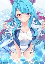 1girls blue_hair competition_swimsuit cygames dragalia_lost dragon_girl female_focus female_only highleg_swimsuit humanoid_mercury jacket large_breasts mature_female mercury_(dragalia_lost) milf nintendo one-piece_swimsuit ragnaveldt solo swimsuit white_one-piece_swimsuit