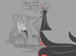 bdsm black_and_white bondage cherri_bomb_(hazbin_hotel) comic comic_page dani_draws danidrawsandstuff demon_girl hat hazbin_hotel one_eye red_sclera ripped_pants sir_pentious_(hazbin_hotel) snake_boy tied white_body x_pupils