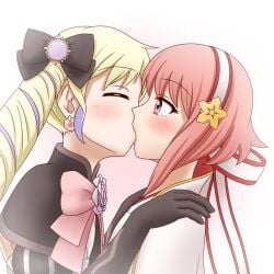 2girls amezuku elise_(fire_emblem) female female_only fire_emblem fire_emblem_fates kissing rubbing sakura_(fire_emblem) source_request yuri