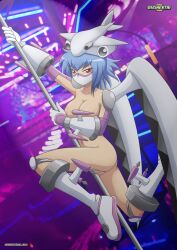 1girls blue_hair boots breasts digihentai digimon digimon_(species) digimon_frontier female functionally_nude innie_pussy jetsilphymon light-skinned_female naked nipples nude pole pole_dancing pussy red_eyes solo tagme