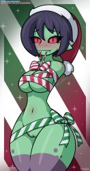 1girls armless bellybutton blush blush bow christmas female freckles green_skin holidays looking_at_viewer navel oerba_yun_fang pointy_ears purple_hair purple_skin pussy pussy_blush red_eyes ribbon ribbon_bondage santa_hat short_hair simple_background smiling snake snake_girl solo striped_ribbon theidiotmuffin vagina zola_(theidiotmuffin)