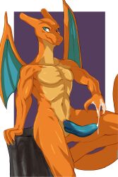 absurd_res anthro anthrofied blue_eyes blue_penis cel_shading charizard creatures_(company) dragon dragon_wings ejaculation generation_1_pokemon genitals gesture glistening glistening_body glistening_skin hi_res humanoid lizard looking_at_viewer male manly muscular nintendo orange_body orange_skin penis pokémon_(species) pokemon pokemon_(species) reptile scalie shaded simple_background smile smiling_at_viewer solo spicy_kokosche standing suggestive suggestive_gesture video_games wings