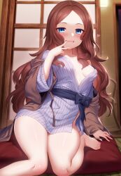 1girls areola_slip areolae bangs bare_legs barefoot blue_eyes blush breasts brown_hair clothing curvaceous curvy_female fate/grand_order fate_(series) feet female female_only fingernails high_resolution kimono large_filesize legs leonardo_da_vinci_(fate/grand_order) leonardo_da_vinci_(rider)_(fate) light-skinned_female lips long_fingernails long_hair looking_at_viewer m-da_s-tarou nipples no_bra no_panties open_clothes open_kimono open_mouth open_shirt paid_reward seductive seductive_smile solo thick_thighs thighs very_high_resolution