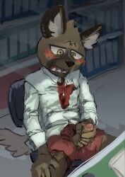 4_ira 5_fingers aggressive_retsuko anthro blush blush_lines bodily_fluids brown_body brown_fur chair clothing fingers fur furniture genital_fluids genitals haida hi_res humanoid_genitalia humanoid_penis hyaenid male male_only mammal masturbation office_chair on_chair penis sanrio shirt sitting sitting_on_chair smooth_fur solo spotted_hyena topwear underwear