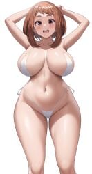 1girls bikini breasts brown_hair female gigantic_breasts jasony light_skinned_female my_hero_academia ochako_uraraka short_hair swimsuit thick_thighs white_background white_bikini