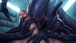 16:9 alien alien_(franchise) alien_girl anthro athletic_female big_penis black_body blush bodily_fluids cum cumshot duo ejaculation erection eyeless fellatio female female_xenomorph genital_fluids genitals hi_res holding_penis human human_on_anthro human_penetrating humanoid interspecies light-skinned_male male male/female mammal nude open_mouth penis penis_on_face signature teeth w4g4 widescreen xenomorph