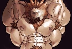 armpit armpit_hair armpits arms_behind_head bara beard chest_hair cigar facial_hair huge_muscles human lysandre_(pokemon) male male_only muscles muscular nintendo nude orange_hair pokemon pokemon_xy remert solo solo_male team_flare