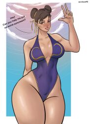 1girls bare_legs big_breasts blush breasts brown_hair capcom chun-li colacat95 female_only hips hourglass_figure legs one-piece_swimsuit speech_bubble street_fighter summer sunscreen swimsuit swimwear text thick thick_thighs thin_waist thunder_thighs wide_hips