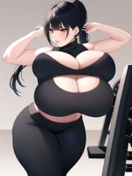 4_breasts ai_generated arms_up bangs big_breasts black_hair blue_eyes breasts bursting_breasts cleavage curvy flexing gym gym_clothes huge_breasts midriff multi_breast nai_diffusion ponytail sidelocks sports_bra stable_diffusion tetra_(oc) tetra_ai thick_thighs turtleneck wide_hips yoga_pants