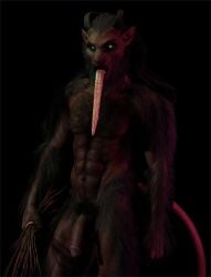 2017 3d_(artwork) abs balls biceps black_body black_fur body_hair bovid brown_body brown_skin caprine caprine_demon chest_hair christmas demon digital_media_(artwork) flaccid fur genitals glans goat_demon green_eyes hair hi_res holding_object holidays horn humanoid humanoid_genitalia krampus long_tongue looking_at_viewer male male_only mammal muscular muscular_humanoid muscular_male navel nipples nude open_mouth pecs penis portrait pubes short_hair simple_background solo standing three-quarter_portrait tongue tongue_out ugnaughtsden