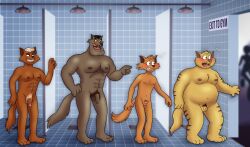 absurd_res anthro balls big_balls big_penis blonde_hair blush body_hair chance_furlong chest_hair circumcised commander_feral dare domestic_cat embarrassed embarrassed_nude_anthro embarrassed_nude_male felid feline felis flaccid foreskin genitals group gym hair hanna-barbera hi_res humiliation jake_clawson locker_room lt._commander_steel male mammal micropenis muscular muscular_male nervous overweight overweight_male penis pubes shower skinny skinny_male small_penis smallfryspy stripes swat_kats thick_penis wide_hips