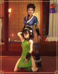 2girls 3d avatar_the_last_airbender blind clothing crisisbeat double_slit_dress dress earth_kingdom female female_focus female_human female_only fur_trim hair_between_eyes hair_bun hair_loopies high_slit_dress katara long_hair looking_at_viewer no_panties no_panties_under_dress ponytail sideless_dress sideless_outfit slit_dress smaller_female smooth_skin thick_thighs toph_bei_fong water_tribe wide_hips