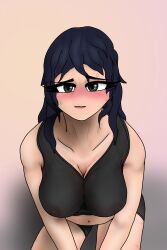 barely_visible_nipples big_breasts black_shorts black_tank_top blush cleavage clothing dark_hair female greatcorn_(artist) kneeling long_hair looking_at_viewer see-through see-through_clothing solo sweat tank_top yibra