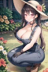 1girls ai_generated big_breasts boots breasts brown_hair cleavage clothed cute farm farmer female female_only garden gardener hat huge_breasts light-skinned_female light_skin long_hair looking_at_viewer nai_diffusion original original_character overalls red_eyes smile squatting stable_diffusion stuffyai thick_thighs wide_hips