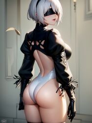 ai_generated blindfold female looking_at_viewer looking_back medium_ass nier nier:_automata nier_(series) thong viewed_from_behind yorha_2b