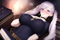 1girls ai_generated bangs big_breasts black_clover blush book breasts choker curvy earrings erect_nipples huge_breasts jewelry large_breasts long_hair nipples nipples_visible_through_clothing noelle_silva purple_eyes rene228 silver_hair stable_diffusion tight_clothing twintails voluptuous