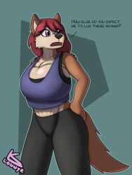 3:4 anthro ball_bra balls big_balls bra breasts canid canine canis cleavage clothed clothing dialogue domestic_dog english_text genitals gynomorph hazel_(lonnyk) hi_res holding_balls huge_balls hyper hyper_balls hyper_genitalia intersex lonnyk mammal solo sports_bra text underwear