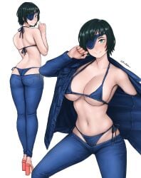 1girls ass ass_cleavage bikini black_hair breasts butt_crack chainsaw_man denim_bra denim_clothing denim_panties dismaiden eye_contact eye_patch female female_only himeno_(chainsaw_man) jeans looking_at_viewer pants pants_down short_hair standing thick_thighs thighs