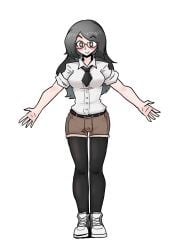 april_(juztplay) black_hair black_thighhighs black_tie blush eyebrows_visible_through_hair female female_focus female_only glasses hi_res high_quality juztplay long_black_hair long_hair open_hands safe_for_work sfw sfw_version shoes shorts smile t-pose thighhighs white_background