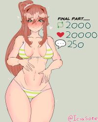 1girls 5_fingers breasts comment_icon doki_doki_literature_club english_text female girls_reacting_to_bikini_(meme) gray_background green_eyes grey_background heart_icon iciasone long_hair monika_(doki_doki_literature_club) motion_lines navel number numbers retweet_icon strip_game text thick_thighs thigh_gap thighs twitter_username