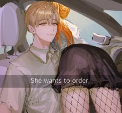 1boy 1girls bent_forward bent_over blonde_hair blonde_hair_male car duo female fishnets ginger ginger_hair he_wants_to_order in_car inside_car itsuka_kendou kendou_itsuka long_hair male mdbhamd meme miniskirt monoma_neito my_hero_academia neito_monoma orange_hair ordering_food ponytail selfie she_wants_to_order short_skirt skirt snapchat straight text