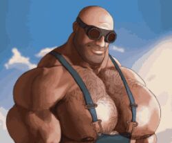 1boy animated animated_gif bald bara bara_tiddies bara_tits engineer_(team_fortress_2) engineer_gaming goggles hairy_chest low_quality male male_only manly meme mge mge_brother muscular muscular_male nipples non-nude overalls sniperstalker solo team_fortress_2 tick_tock_meme