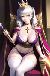 1girls ai_generated big_breasts black_clover bra breasts cape cleavage collar cross crown g-string noelle_silva panties purple_eyes queen rene228 silver_hair sitting stable_diffusion stockings thick_thighs thighhighs thighs twintails wand