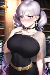 1girls ai_generated bangs black_clover blush breasts collar collarbone curvy earrings embarrassed frown hourglass_figure huge_breasts jewelry large_breasts looking_at_viewer noelle_silva purple_skin rene228 silver_hair stable_diffusion sweat sweatdrop tight_clothing twintails voluptuous