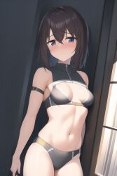 1girls ai_generated black_hair embarrassed female female_focus female_only girl grey_eyes grey_outfit nai_diffusion original short_hair small_breasts stable_diffusion swimwear white_skin