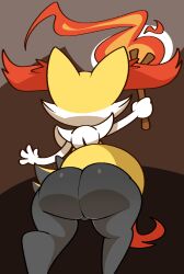 ambiguous_gender anthro ass big_butt bottomless bottomless_skirt braixen bubble_butt fire fox_ears fox_girl fox_tail generation_6_pokemon hi_res holding_object holding_stick huge_butt inner_ear_fluff multicolored_body nintendo nude pokémon_(species) pokemon pokemon_(species) simple_background solo stick tail thick_thighs tuft upskirt video_games vilepluff wide_hips