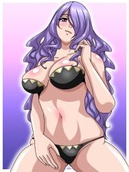 1girls ass_visible_through_thighs bare_thighs black_panties bra breasts camilla_(fire_emblem) female female_only fire_emblem fire_emblem_fates hair_over_one_eye inabakun00 large_breasts long_hair looking_at_viewer nintendo panties pink_eyes purple_hair smile solo thick_thighs thighs underwear very_long_hair