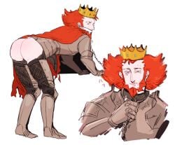 armor ass ass_out bara beard bent_over chained_neck chains crown facial_hair lysandre_(pokemon) male male_only mouth_gag muscles nintendo orange_hair pokemon pokemon_xy solo solo_male team_flare yallq