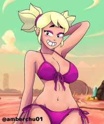 1girls amberchu01 blonde_hair blush_stickers brawl_stars cleavage cloud cowboy_shot day eyeshadow facing_viewer front-tie_bikini green_sky grin looking_at_viewer mandy_(brawl_stars) medium_breasts navel outdoors pink_bikini pose posing posing_for_the_viewer side-tie_bikini solo standing tagme twintails