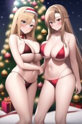 2girls ai_generated alice_schuberg alluring blonde_hair blue_eyes brown_eyes christmas christmas_ornaments christmas_tree cleavage nai_diffusion nightcore_(artist) presents stable_diffusion sword_art_online yuuki_asuna