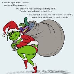 1girls breasts christmas clothed curvy dildo dr_seuss english_text female genderswap_(mtf) green_fur how_the_grinch_stole_christmas large_breasts multiple_dildos pixxxel red_eyes rule_63 sack santa_costume santa_hat sneaking snout solo the_grinch whisker_spots yellow_sclera