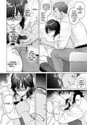 1boy1girl bed bedroom black_and_white blush bulge comic dark-skinned_male dialogue embarrassed english_text etuzan_jakusui glasses grabbing holding light-skinned_female light_skin long_hair male male/female manga short_hair sitting size_difference speech_bubble teenager text