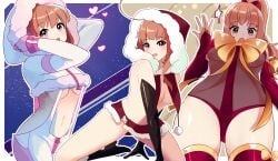 bodysuit christmas costume gloves hood illuna_(renalucent) long_gloves miniskirt original pink_eyes red_hair renalucent ribbon santa_costume surprised sweater topless underboob winter