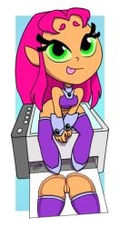 1girls ass boots bottomless cartoon_network dc female green_eyes koriand'r no_panties orange_skin photocopier photocopying_butt pink_hair printer pussy starfire syscod teen_titans_go