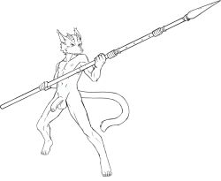 anthro athletic canid fluffy_ears foreskin genitals hi_res horn humanoid_genitalia male mammal melee_weapon penis polearm pommel rinn_(retreat_hell) solo spear weapon