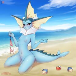 1boy absurd_res anthro balls beach bikini bikini_top blue_body casual_nudity clothing crossdressing digital_media_(artwork) eeveelution femboy flaccid genitals hi_res looking_at_viewer male male_only marshmallow-ears nintendo nipples nude nude_beach outside penis pokémon_(species) pokemon pokemon_(species) public public_nudity sand seaside shaded solo swimwear trap vaporeon video_games