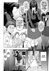 black_and_white bullying comic dark-skinned_male dark_skin dialogue english_text etuzan_jakusui female glasses humiliation larger_female light-skinned_female light_skin long_hair looking_down male manga multiple_boys multiple_girls sad school_uniform schoolgirl size_difference skirt smaller_male speech_bubble tall teenager text