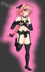 1boy abs androgynous astolfo_(fate) black_legwear black_panties braid completely_nude crossdressing doctor_chapatin fate/apocrypha fate_(series) femboy flesh_fang garter_belt girly heart_hands pink_hair thighhighs trap wide_hips wink