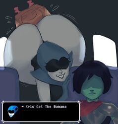 1boy 2girls antlers antlers_through_headwear armor armour ass ass_in_face ass_on_face ass_up backseat banana big_ass blue_hair blue_skin bottom_heavy bubble_butt car cardboard_box dat_ass deer deer_girl deltarune deltarune_chapter_2 dialogue disguise driving emotionless eyelashes eyes_hidden headwear huge_ass human hyper hyper_ass inside_car kris_(deltarune) milf nervous nervous_sweat noelle_holiday potassium queen_(deltarune) red_scarf scarf text undergroundj wearing_mask white_skin wiggle_lines