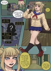 blonde_hair breasts camera comic comic_page dabi dialogue english_text himiko_toga lilliamfeels my_hero_academia open_mouth page_1 skirt small_breasts socks speech_bubble student sweater thick_thighs todoroki_touya toga_himiko touya_todoroki uniform villain walking yellow_eyes yellow_hair